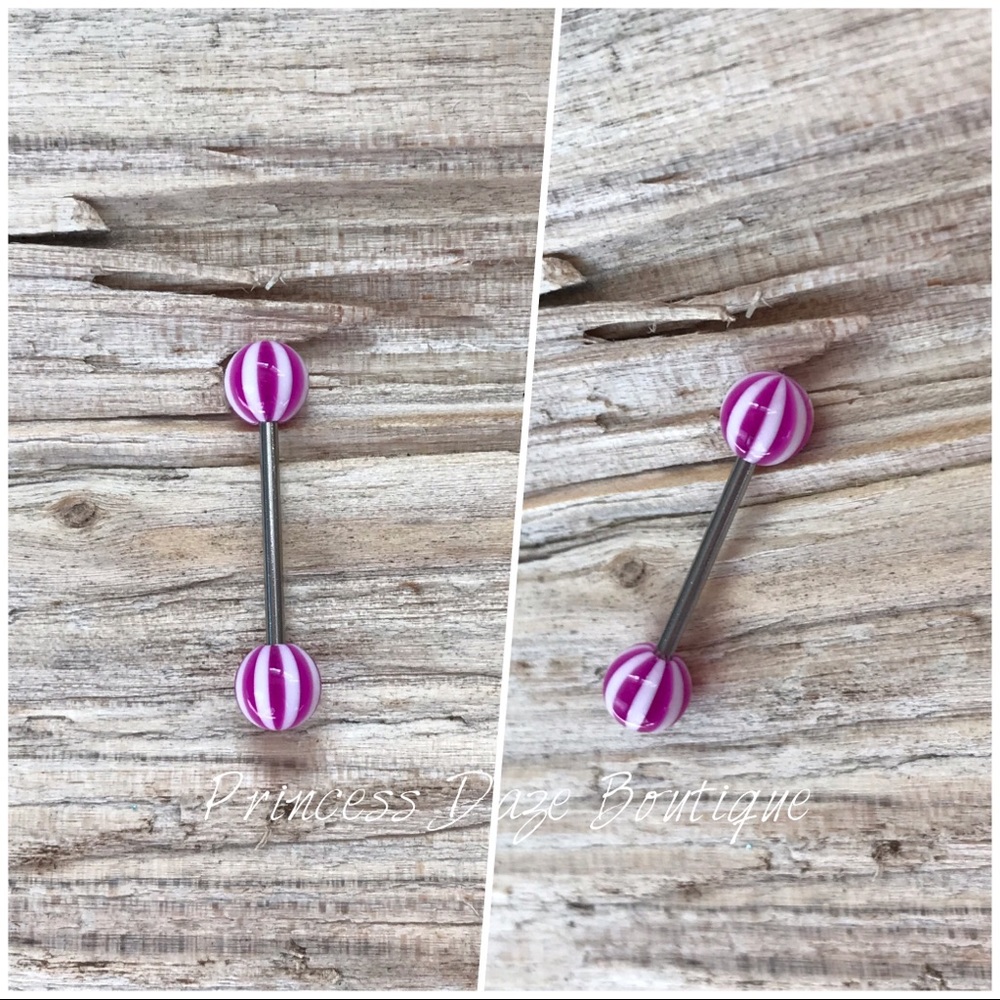 Purple & White Striped‎ Tongue Ring